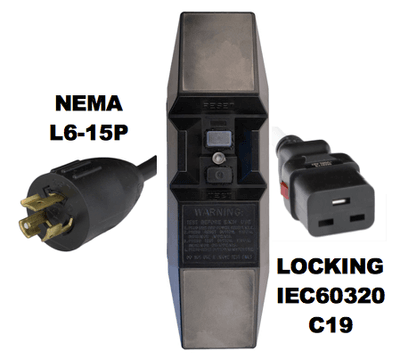 12FT NEMA L6-15P to Manual Reset In-Line GFCI to LOCKING IEC60320 C19 15A 240V Power Cord - BLACK